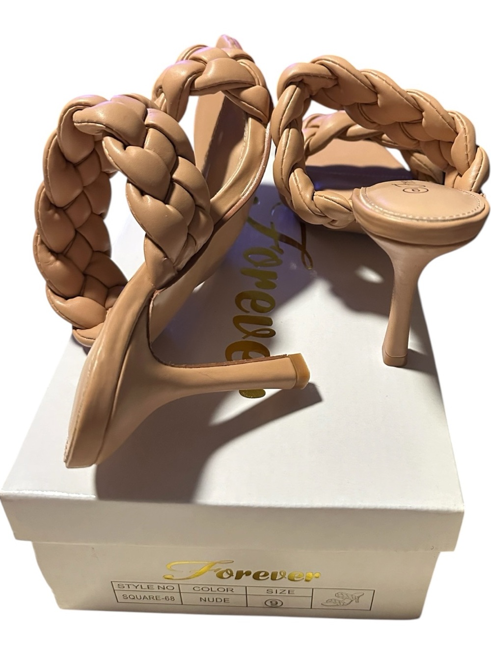Forever Square 68 Nude Braided Heeled Sandals With Square Toe & Slip-On 4” heel. - Picture 7 of 10